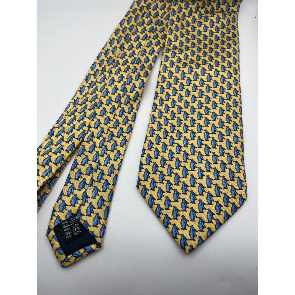 Eximious of London Mens Silk Tie Yellow Blue Penguin Animal Print Made in Italy